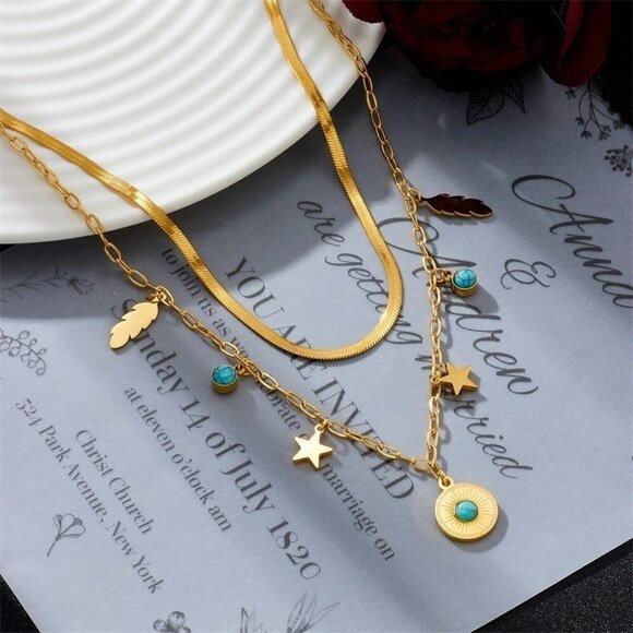 Fine Jewelry 2 Layer Leaves Star Cracked Stone Charm Chain Choker Necklaces - Picture 4 of 7